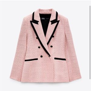 NWOT Zara Double Breasted Blazer, pink with black contrast piping, size S